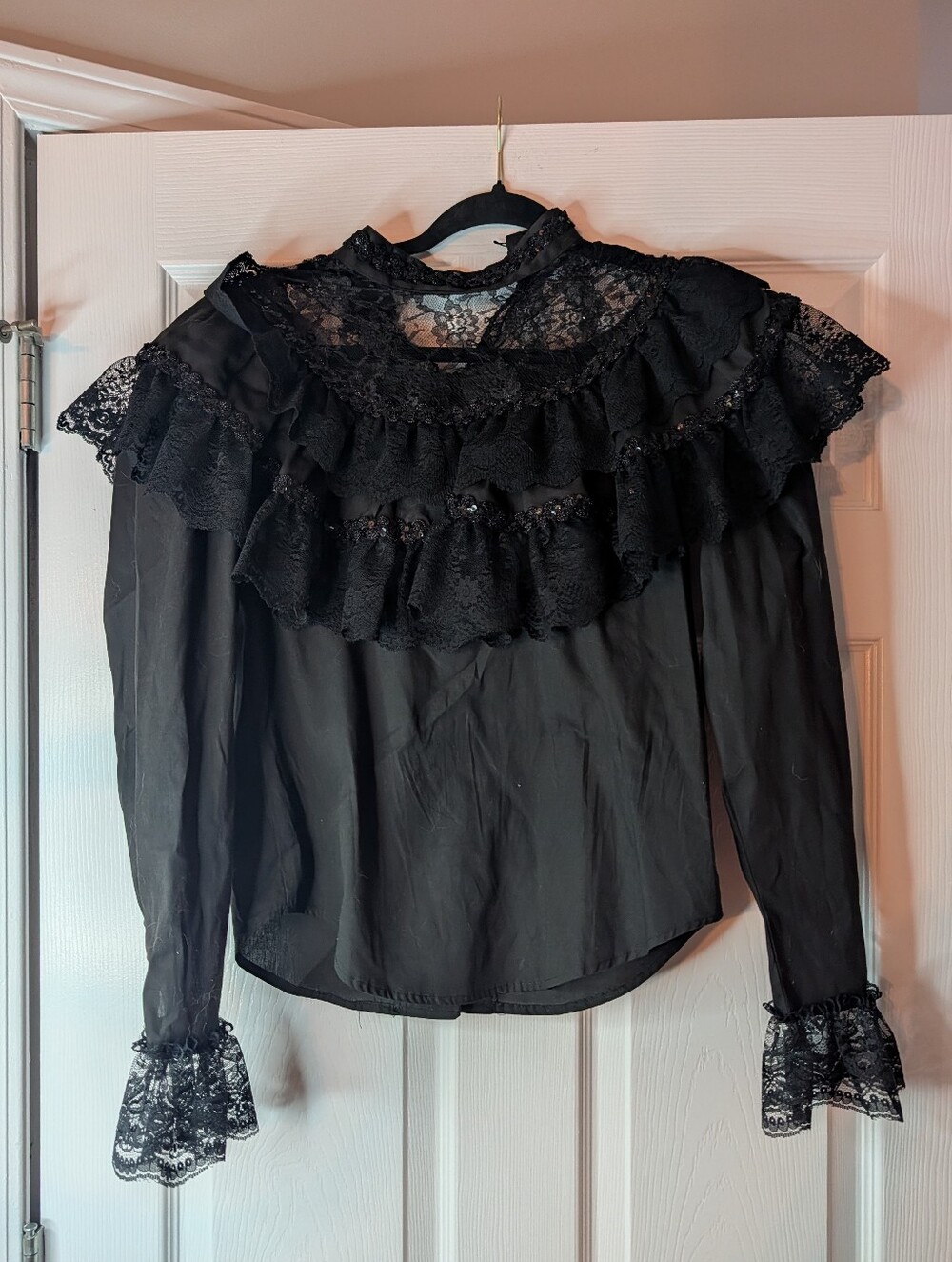 Western Collection Vintage Black Lace Ruffle Victorian Gothic Blouse Size S